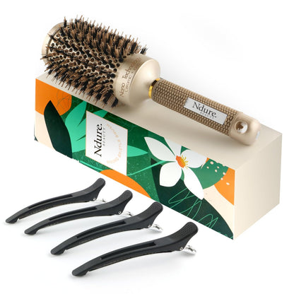 Ndure Beauty Haarbürste zum Föhnen, Locken & Glätten – Keramik- & Wildschweinborsten-Tonstabürste mit 4 Clips