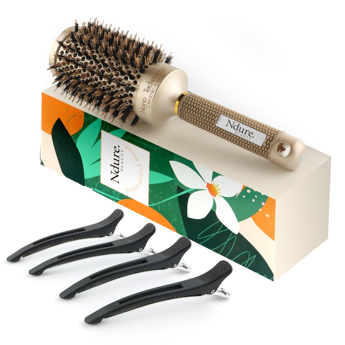 Ndure Beauty Haarbürste zum Föhnen, Locken & Glätten – Keramik- & Wildschweinborsten-Tonstabürste mit 4 Clips