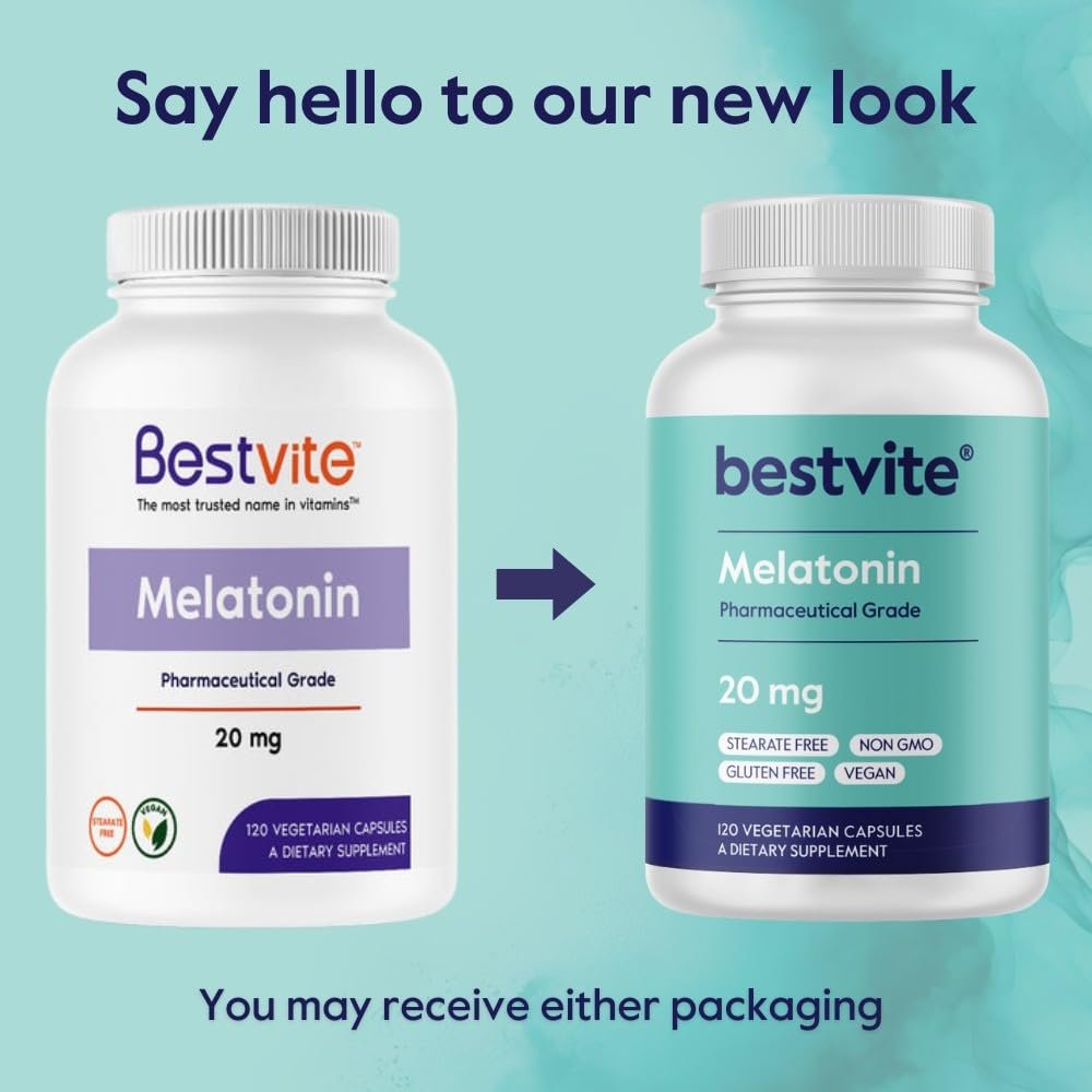 BESTVITE Melatonin 20 mg – 120 vegane Kapseln – ohne Stearate, Sucralose, Dextrose, Siliziumdioxid, Mannitol – vegan, nicht gentechnisch verändert, glutenfrei