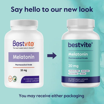 BESTVITE Melatonin 20 mg – 120 vegane Kapseln – ohne Stearate, Sucralose, Dextrose, Siliziumdioxid, Mannitol – vegan, nicht gentechnisch verändert, glutenfrei