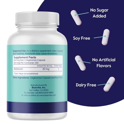 BESTVITE Melatonin 20 mg – 120 vegane Kapseln – ohne Stearate, Sucralose, Dextrose, Siliziumdioxid, Mannitol – vegan, nicht gentechnisch verändert, glutenfrei