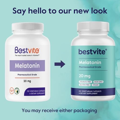 BESTVITE Melatonin 20 mg – 120 vegane Kapseln – ohne Stearate, Sucralose, Dextrose, Siliziumdioxid, Mannitol – vegan, nicht gentechnisch verändert, glutenfrei