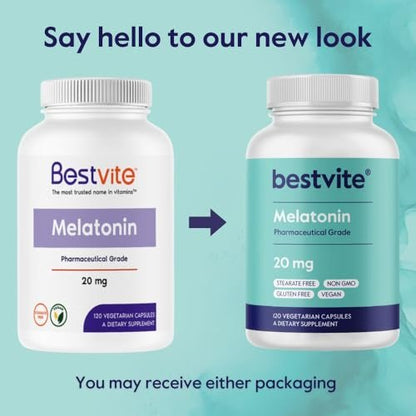 BESTVITE Melatonin 20 mg – 120 vegane Kapseln – ohne Stearate, Sucralose, Dextrose, Siliziumdioxid, Mannitol – vegan, nicht gentechnisch verändert, glutenfrei