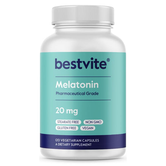 BESTVITE Melatonin 20 mg – 120 vegane Kapseln – ohne Stearate, Sucralose, Dextrose, Siliziumdioxid, Mannitol – vegan, nicht gentechnisch verändert, glutenfrei