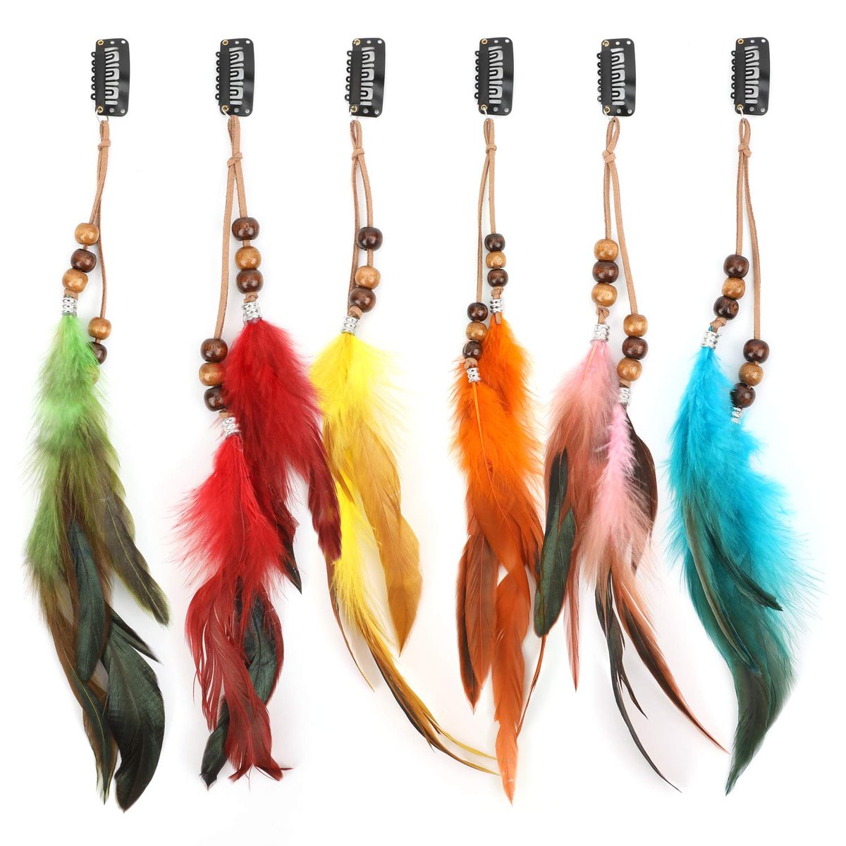 MWOOT 6 Stück Feder Haarclips, Handgefertigte Boho Haarverlängerungen mit Kammclip, Hippie Haarnadel mit Federn, indischer Quaste, Hanfseil, Festival-Kopfschmuck, Perlen-Stile