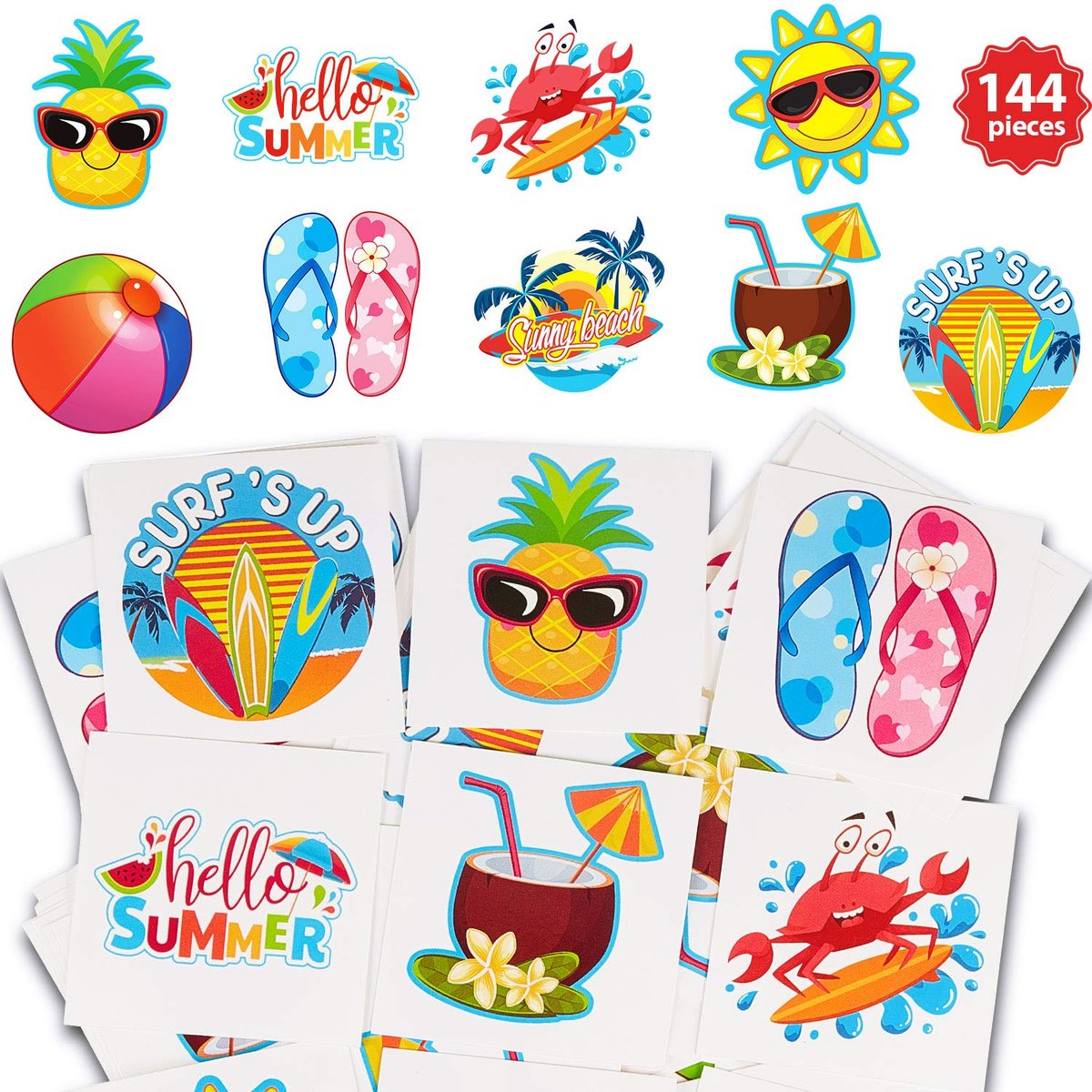 Patelai 144 Teile Sommerliche temporäre Tattoos, hawaiianische Tattoos, Luau Partygeschenke, tropische wasserfeste Aufkleber, Hallo Sommer, für Poolparty-Dekoration, 9 Motive