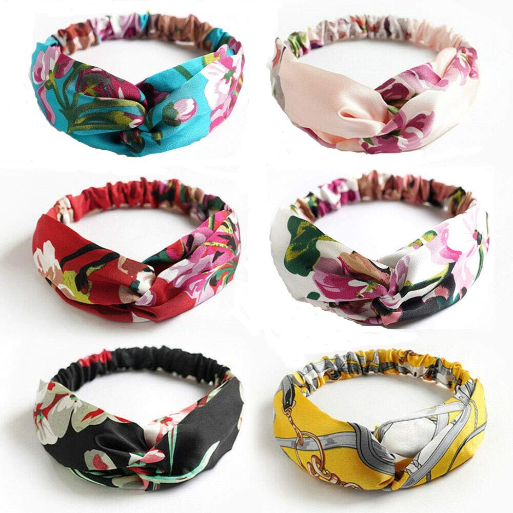 IDOLL Boho-Stirnbänder für Damen, 6er-Pack – Satin-Seide Stirnband mit Blumenmuster, Vintage-Paisley-Bandana, modisches Haarband für Frauen und Mädchen