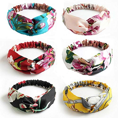 IDOLL Boho-Stirnbänder für Damen, 6er-Pack – Satin-Seide Stirnband mit Blumenmuster, Vintage-Paisley-Bandana, modisches Haarband für Frauen und Mädchen