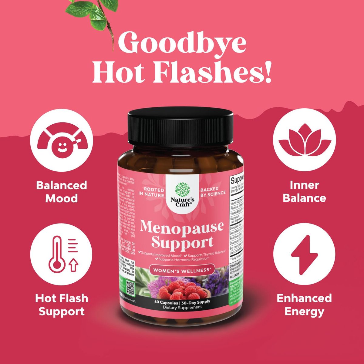 Natures Craft Komplettes pflanzliches Wechseljahresergänzungsmittel für Frauen – Hormonausgleich bei Hitzewallungen, Nachtschweiß & Stimmungsschwankungen mit Dong Quai, Mönchspfeffer & Traubensilberkerzenwurzel – 60 Kapseln