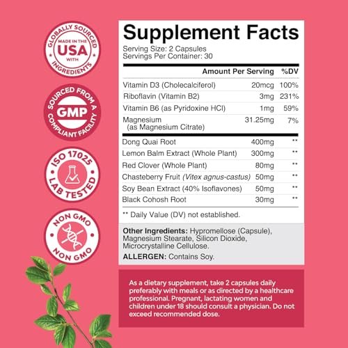 Natures Craft Komplettes pflanzliches Wechseljahresergänzungsmittel für Frauen – Hormonausgleich bei Hitzewallungen, Nachtschweiß & Stimmungsschwankungen mit Dong Quai, Mönchspfeffer & Traubensilberkerzenwurzel – 60 Kapseln