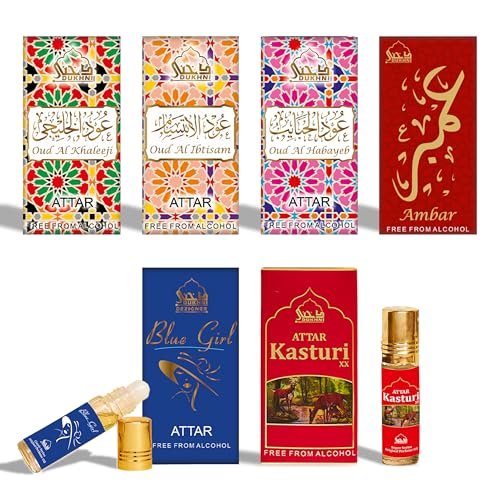 Dukhni Premiere Attar Öl Set | 6 Duftrichtungen | Rollerball Parfümöle für Männer & Frauen | Unisex Parfüm Probierset | Reisegröße Saubere Arabische Oud Düfte | Geschenkset, Alkoholfrei & Vegan