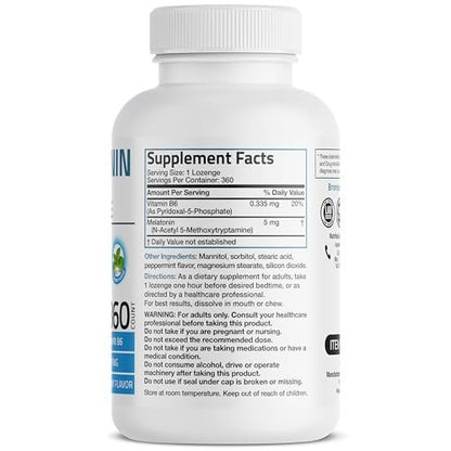 Bronson Melatonin 5mg Fast Dissolve Peppermint Tablets mit Vitamin B6 – 360 vegetarische Lutschtabletten zur Förderung der Entspannung