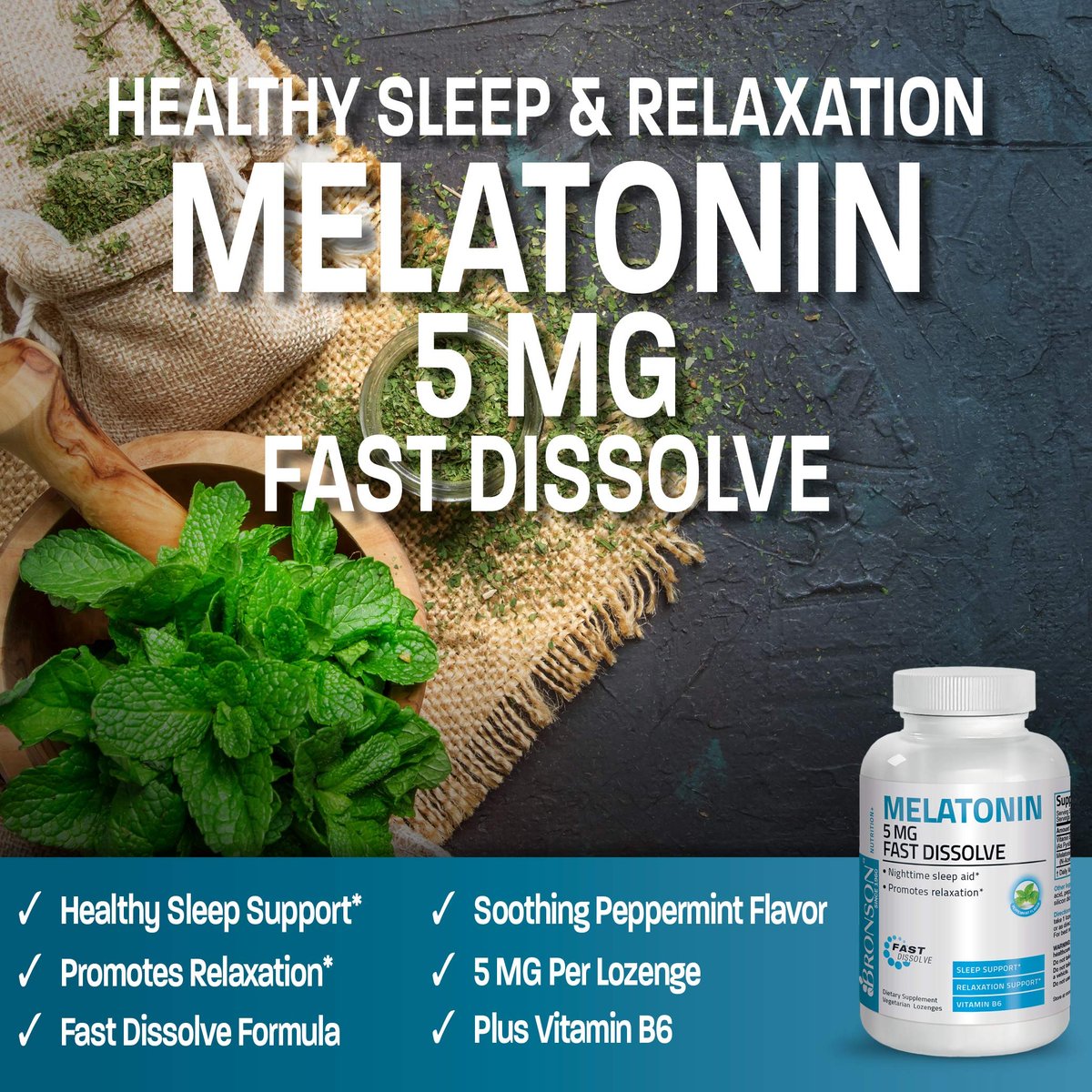 Bronson Melatonin 5mg Fast Dissolve Peppermint Tablets mit Vitamin B6 – 360 vegetarische Lutschtabletten zur Förderung der Entspannung
