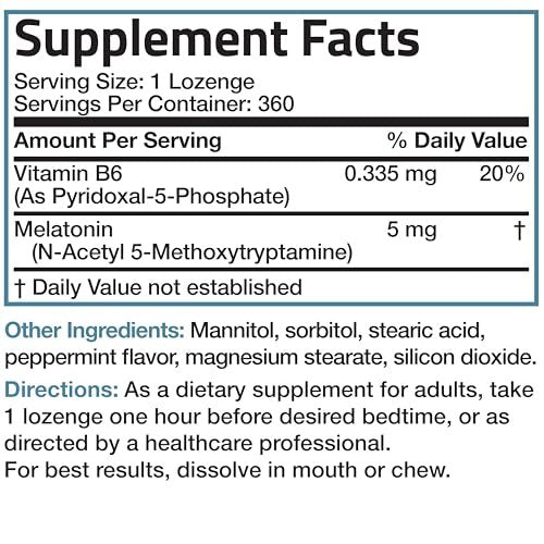 Bronson Melatonin 5mg Fast Dissolve Peppermint Tablets mit Vitamin B6 – 360 vegetarische Lutschtabletten zur Förderung der Entspannung