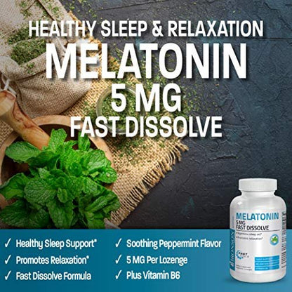 Bronson Melatonin 5mg Fast Dissolve Peppermint Tablets mit Vitamin B6 – 360 vegetarische Lutschtabletten zur Förderung der Entspannung