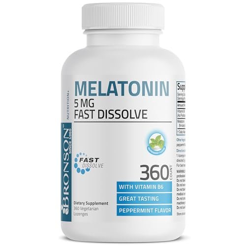 Bronson Melatonin 5mg Fast Dissolve Peppermint Tablets mit Vitamin B6 – 360 vegetarische Lutschtabletten zur Förderung der Entspannung