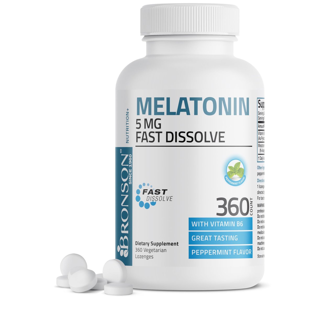 Bronson Melatonin 5mg Fast Dissolve Peppermint Tablets mit Vitamin B6 – 360 vegetarische Lutschtabletten zur Förderung der Entspannung