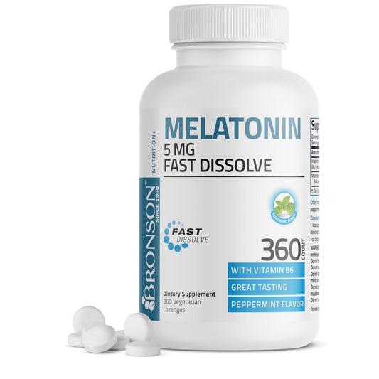 Bronson Melatonin 5mg Fast Dissolve Peppermint Tablets mit Vitamin B6 – 360 vegetarische Lutschtabletten zur Förderung der Entspannung