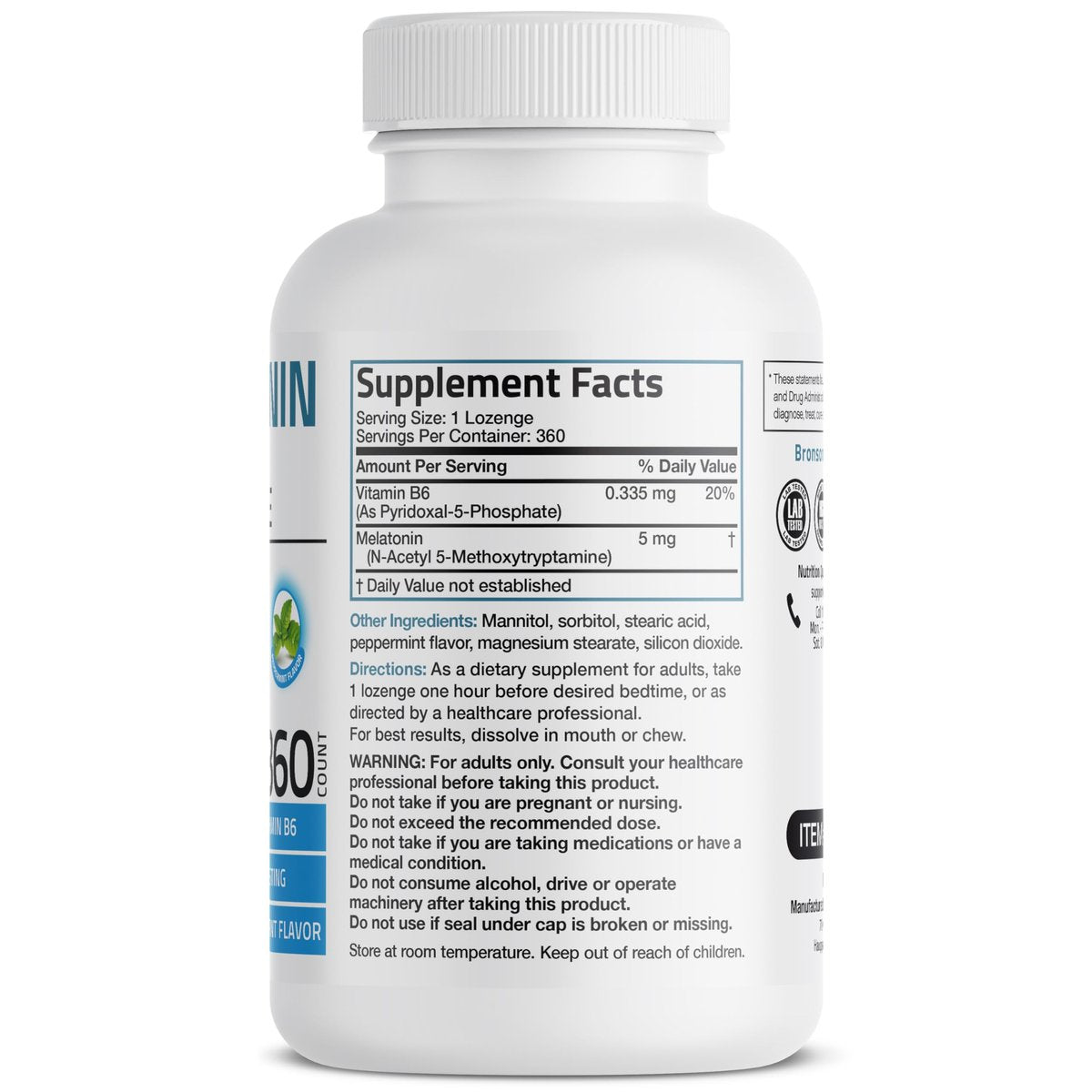 Bronson Melatonin 5mg Fast Dissolve Peppermint Tablets mit Vitamin B6 – 360 vegetarische Lutschtabletten zur Förderung der Entspannung