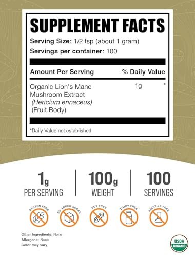 Bio Löwenmähne Pilzextrakt Pulver - Lions Mane Supplement, Superfood für Wohlbefinden - Vegan, 1g pro Portion, 100g (3,5 oz) (1er Pack)