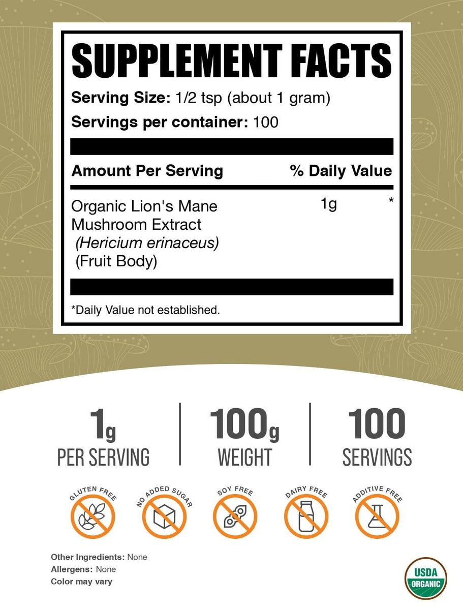 Bio Löwenmähne Pilzextrakt Pulver - Lions Mane Supplement, Superfood für Wohlbefinden - Vegan, 1g pro Portion, 100g (3,5 oz) (1er Pack)