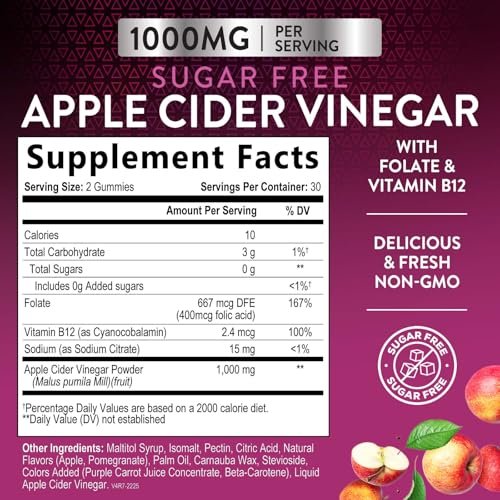 Apfelessig Gummibärchen zur Gewichtsabnahme - Zuckerfrei - Hochdosiert mit Vitamin B12 & Mother - Stoffwechsel & Energie - Vegan - 60 Gummibärchen
