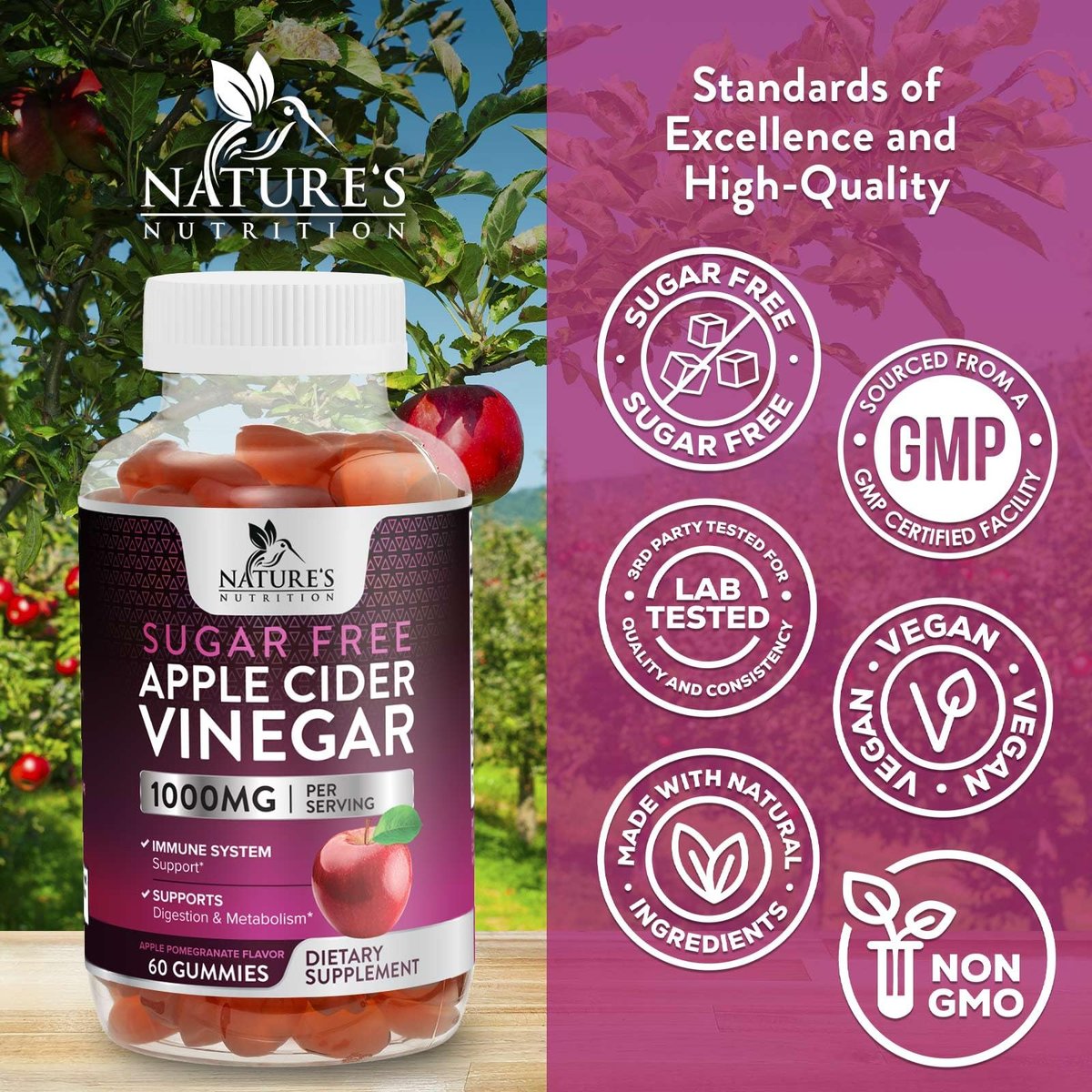 Apfelessig Gummibärchen zur Gewichtsabnahme - Zuckerfrei - Hochdosiert mit Vitamin B12 & Mother - Stoffwechsel & Energie - Vegan - 60 Gummibärchen