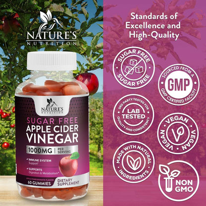 Apfelessig Gummibärchen zur Gewichtsabnahme - Zuckerfrei - Hochdosiert mit Vitamin B12 & Mother - Stoffwechsel & Energie - Vegan - 60 Gummibärchen