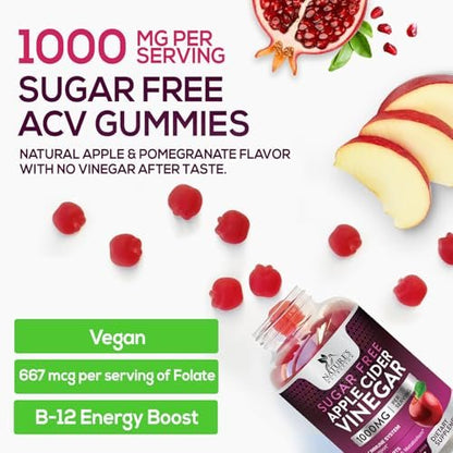 Apfelessig Gummibärchen zur Gewichtsabnahme - Zuckerfrei - Hochdosiert mit Vitamin B12 & Mother - Stoffwechsel & Energie - Vegan - 60 Gummibärchen