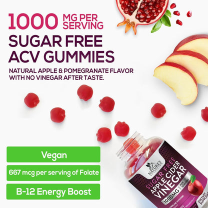 Apfelessig Gummibärchen zur Gewichtsabnahme - Zuckerfrei - Hochdosiert mit Vitamin B12 & Mother - Stoffwechsel & Energie - Vegan - 60 Gummibärchen