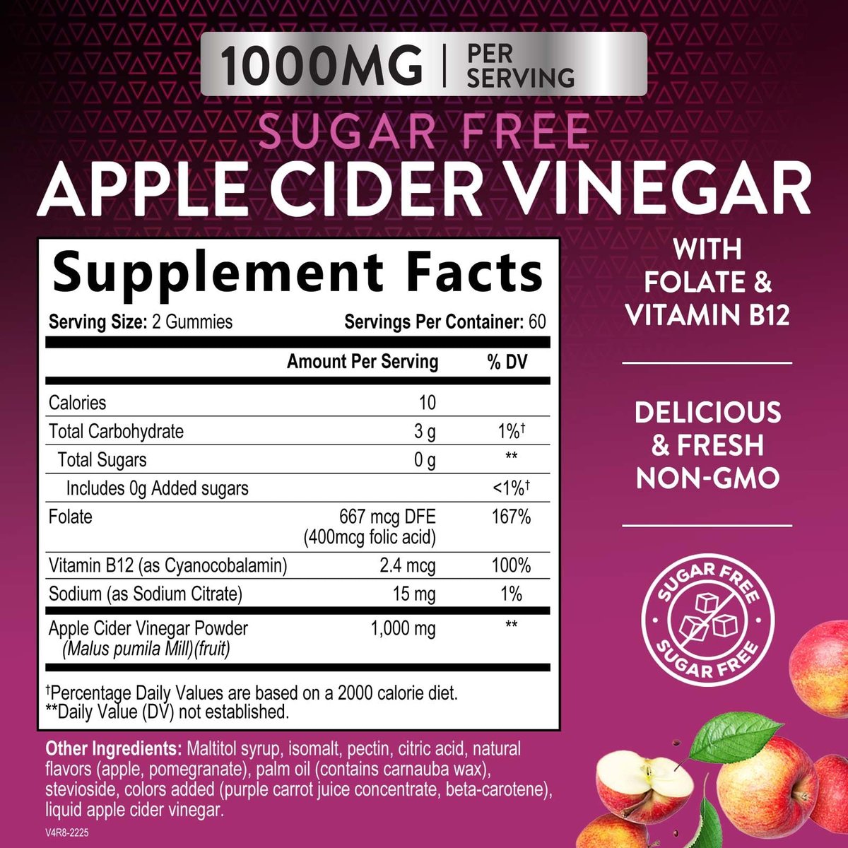 Apfelessig Gummibärchen zur Gewichtsabnahme - Zuckerfrei - Max Stärke ACV Gummies mit Vitamin B12 & der Mutter - Stoffwechsel & Energieunterstützung - Vegane Apfelessig Gummibärchen - 120 Stück