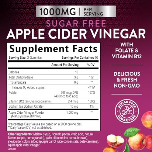 Apfelessig Gummibärchen zur Gewichtsabnahme - Zuckerfrei - Max Stärke ACV Gummies mit Vitamin B12 & der Mutter - Stoffwechsel & Energieunterstützung - Vegane Apfelessig Gummibärchen - 120 Stück