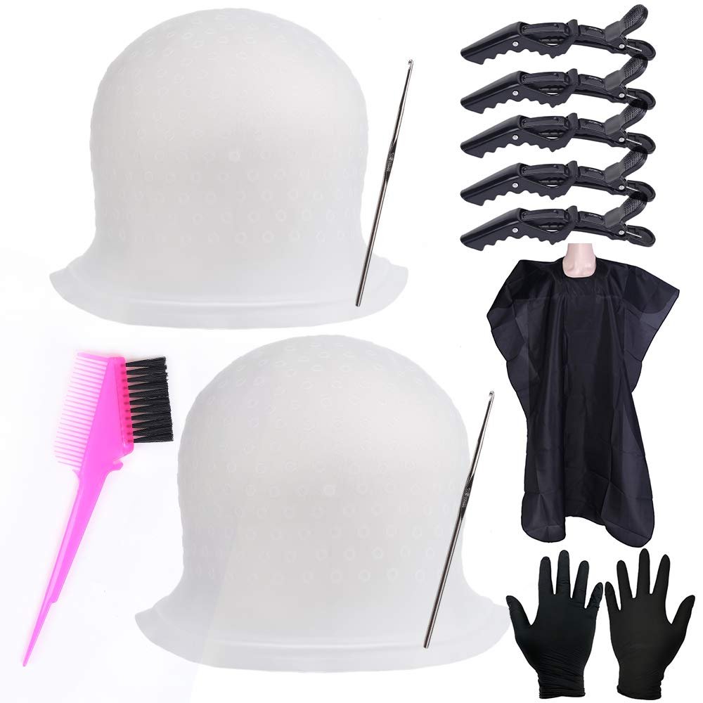 Professionelle Silikon-Highlight-Kappen-Set für Farbhaar 2 Stück Wiederverwendbare Strähnchenkappen mit Haken & Salon-Haarfärbewerkzeuge für Damen und Herren