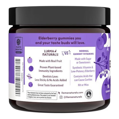 Llama Naturals Holunderbeeren Gummibärchen für Erwachsene – Veganes, Bio Immunsystem Unterstützung mit Vitamin C und Zink, Echte Fruchtgummis, Ohne Zuckerrohr, 90 Stück