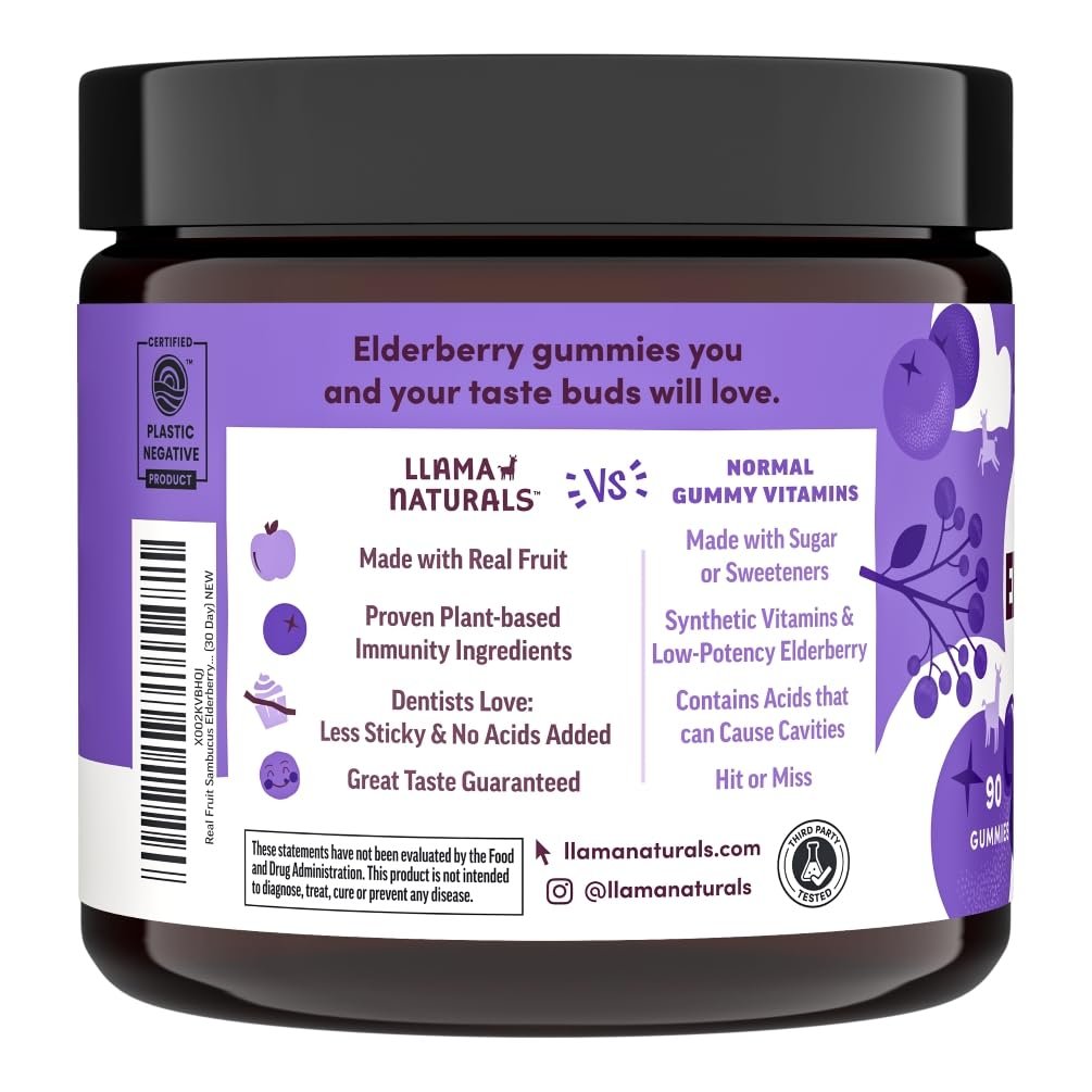 Llama Naturals Holunderbeeren Gummibärchen für Erwachsene – Veganes, Bio Immunsystem Unterstützung mit Vitamin C und Zink, Echte Fruchtgummis, Ohne Zuckerrohr, 90 Stück