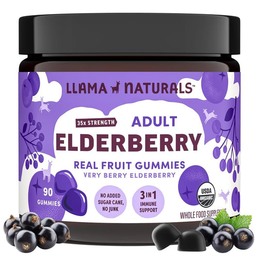 Llama Naturals Holunderbeeren Gummibärchen für Erwachsene – Veganes, Bio Immunsystem Unterstützung mit Vitamin C und Zink, Echte Fruchtgummis, Ohne Zuckerrohr, 90 Stück