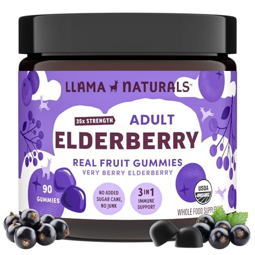 Llama Naturals Holunderbeeren Gummibärchen für Erwachsene – Veganes, Bio Immunsystem Unterstützung mit Vitamin C und Zink, Echte Fruchtgummis, Ohne Zuckerrohr, 90 Stück