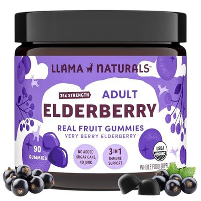 Llama Naturals Holunderbeeren Gummibärchen für Erwachsene – Veganes, Bio Immunsystem Unterstützung mit Vitamin C und Zink, Echte Fruchtgummis, Ohne Zuckerrohr, 90 Stück