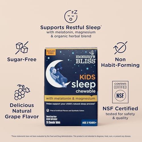 Mommy's Bliss Kids Sleep Chewable Tabletten – Melatonin, Magnesium & beruhigende Kräuter, Traubengeschmack, zuckerfrei, ab 3 Jahren (35 Portionen)