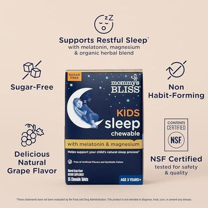 Mommy's Bliss Kids Sleep Chewable Tabletten – Melatonin, Magnesium & beruhigende Kräuter, Traubengeschmack, zuckerfrei, ab 3 Jahren (35 Portionen)