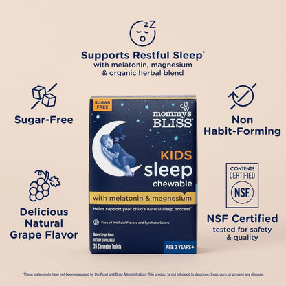 Mommy's Bliss Kids Sleep Chewable Tabletten – Melatonin, Magnesium & beruhigende Kräuter, Traubengeschmack, zuckerfrei, ab 3 Jahren (35 Portionen)