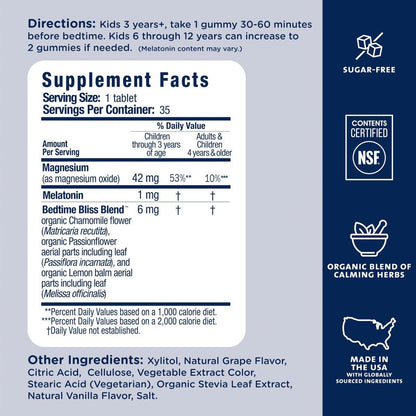 Mommy's Bliss Kids Sleep Chewable Tabletten – Melatonin, Magnesium & beruhigende Kräuter, Traubengeschmack, zuckerfrei, ab 3 Jahren (35 Portionen)