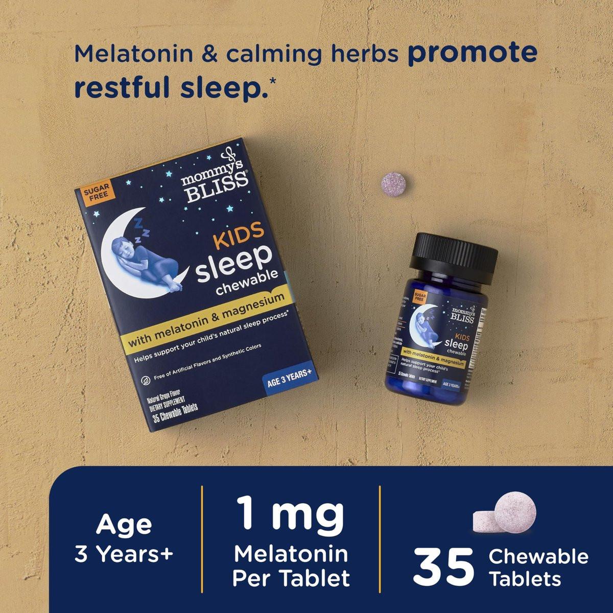 Mommy's Bliss Kids Sleep Chewable Tabletten – Melatonin, Magnesium & beruhigende Kräuter, Traubengeschmack, zuckerfrei, ab 3 Jahren (35 Portionen)