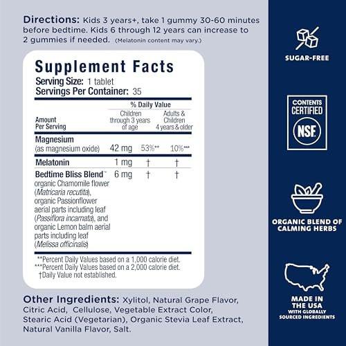 Mommy's Bliss Kids Sleep Chewable Tabletten – Melatonin, Magnesium & beruhigende Kräuter, Traubengeschmack, zuckerfrei, ab 3 Jahren (35 Portionen)