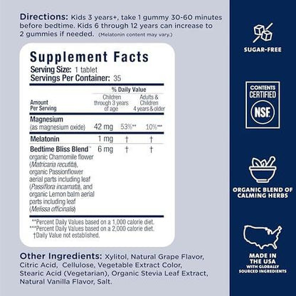 Mommy's Bliss Kids Sleep Chewable Tabletten – Melatonin, Magnesium & beruhigende Kräuter, Traubengeschmack, zuckerfrei, ab 3 Jahren (35 Portionen)