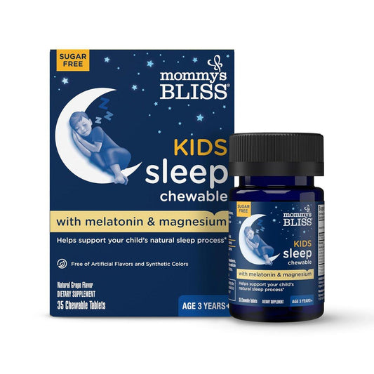 Mommy's Bliss Kids Sleep Chewable Tabletten – Melatonin, Magnesium & beruhigende Kräuter, Traubengeschmack, zuckerfrei, ab 3 Jahren (35 Portionen)