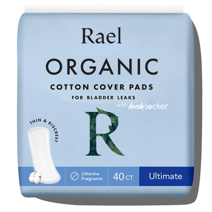 Rael Inkontinenz-Pads für Damen, Bio-Baumwollbezug, Postpartum-Essential, hohe Saugfähigkeit, Blasenkontrolle, 4-Lagen-Kern mit Auslaufschutz, lange Länge (Ultimate, 40 Stück)