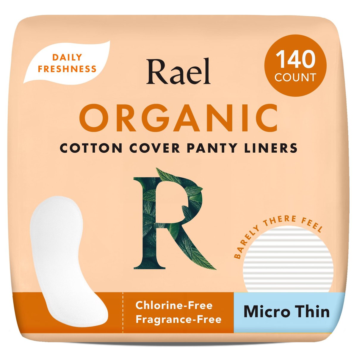 Rael Damenbinden für Frauen, Bio-Baumwollbezug – Tägliche Slipeinlagen, leichte Saugfähigkeit, unparfümiert, chlorfrei (Mikro-dünn, 140 Stück)