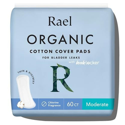 Rael Inkontinenzeinlagen für Frauen, Bio-Baumwollbezug, postpartal, starke Saugfähigkeit, Blasenkontrolle, 4-lagiger Kern mit Auslaufschutz, lange Länge (mittel, 60 Stück)