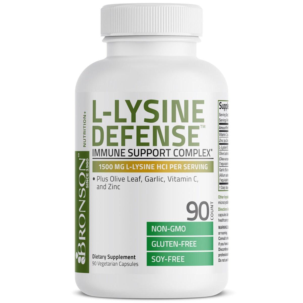 Bronson L-Lysin Abwehr-Immunkomplex 1500 mg mit Olivenblatt, Knoblauch, Vitamin C und Zink - Non-GMO, 90 vegane Kapseln
